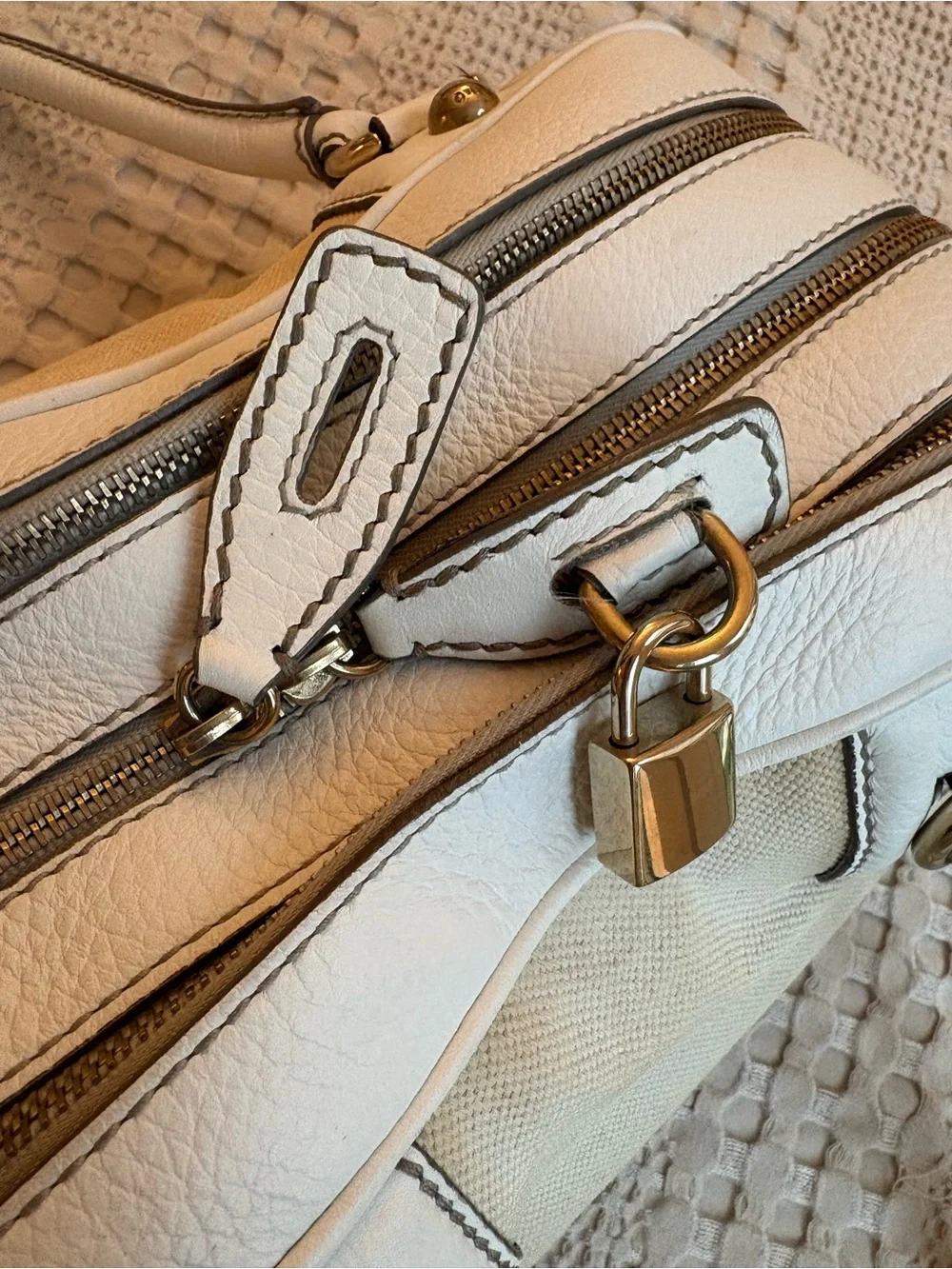 Dolce & Gabbana Beige Canvas Satchel with White Leather Trim and Gold Hardware
